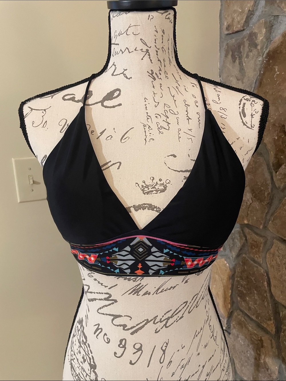 Black Tribal Print Triangle Bikini Top | Crisscross Tie Back | A-B Cup